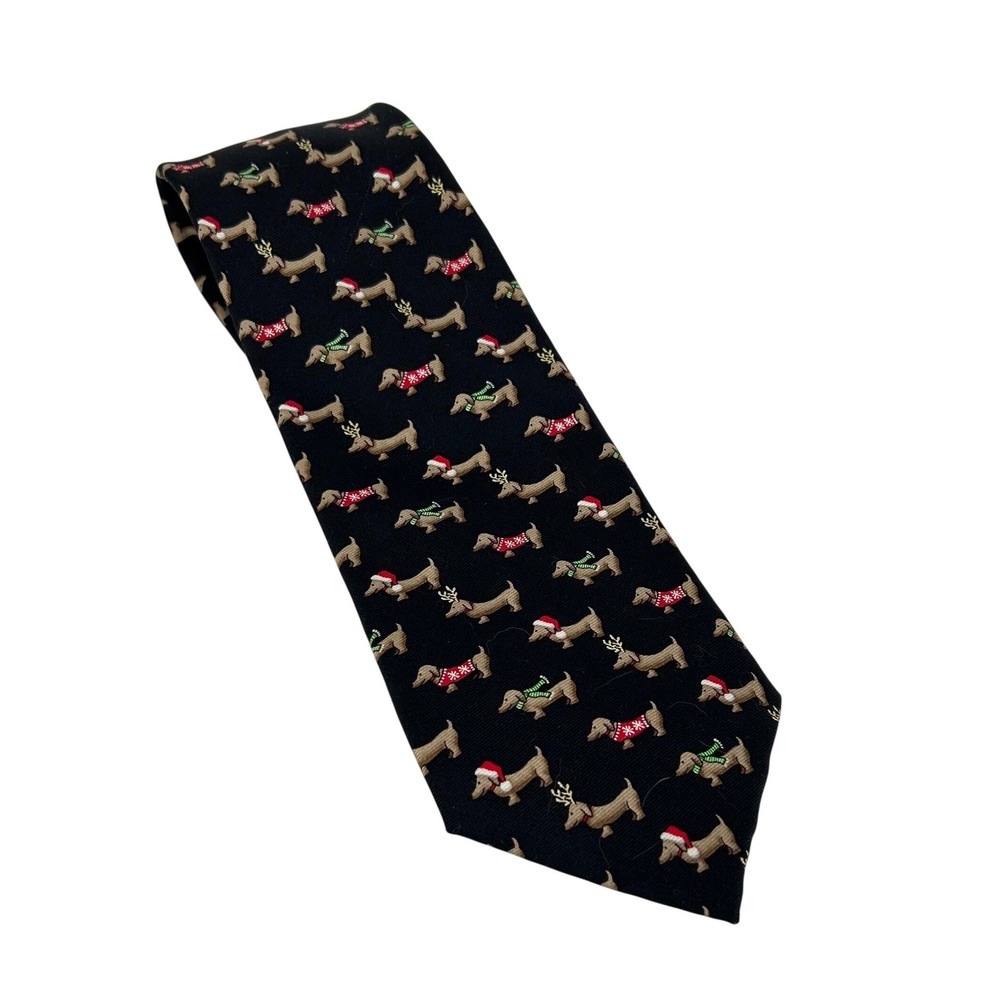 Jos. A. Bank The Miracle Collection Black Silk Christmas Dachshund Dog Tie NEW